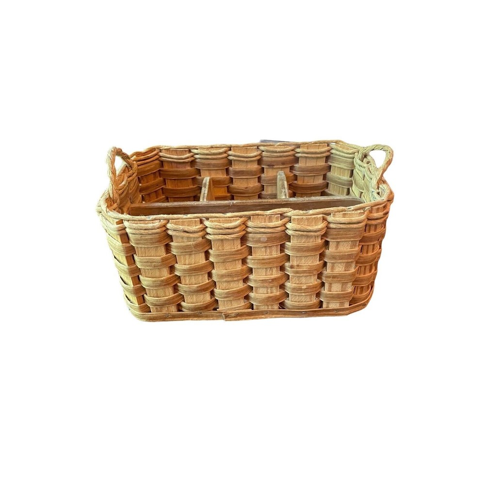 Straw Woven Utensil Holder Rakka  Wooden 5” X 10”